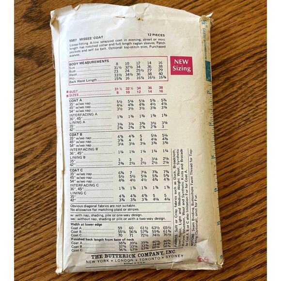 Vintage 1960s Butterick 5587 Sewing Pattern Size 12 Coat in 3 Lengths COMPLETE - Picture 2 of 2